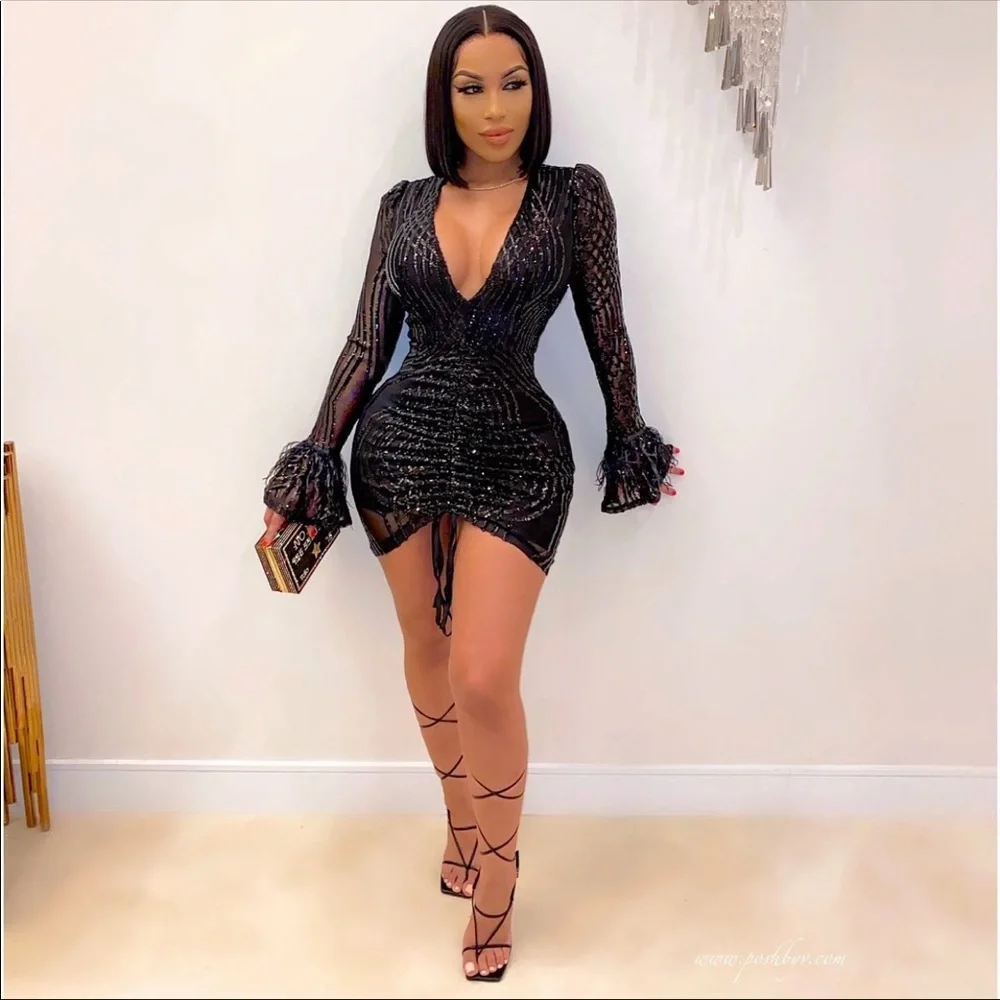 Black Long Sleeve Sequin Dress - Picture 1 of 2